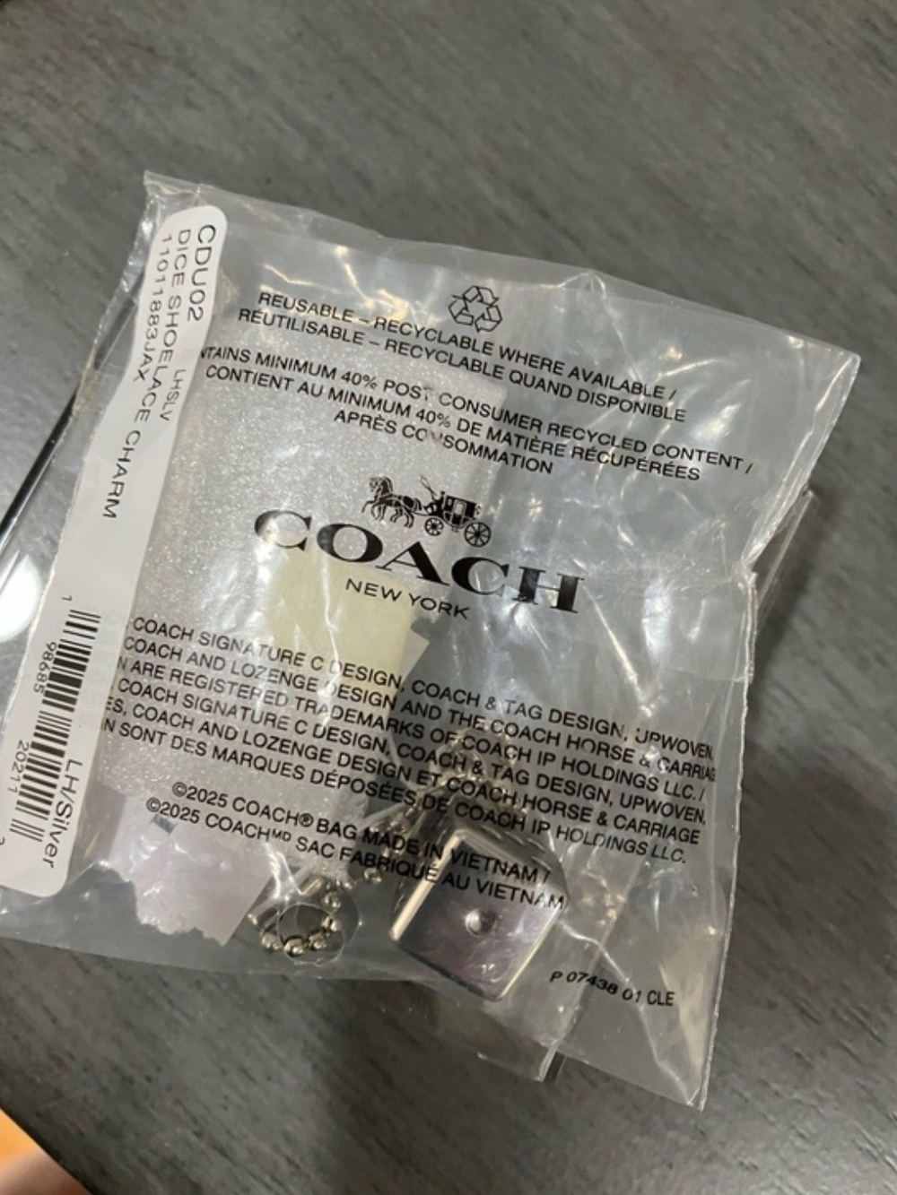 Coach Silver-Tone Dice Shoelace Charm with Beaded Chain-NWT & Coach Dustbag - Picture 2 of 3